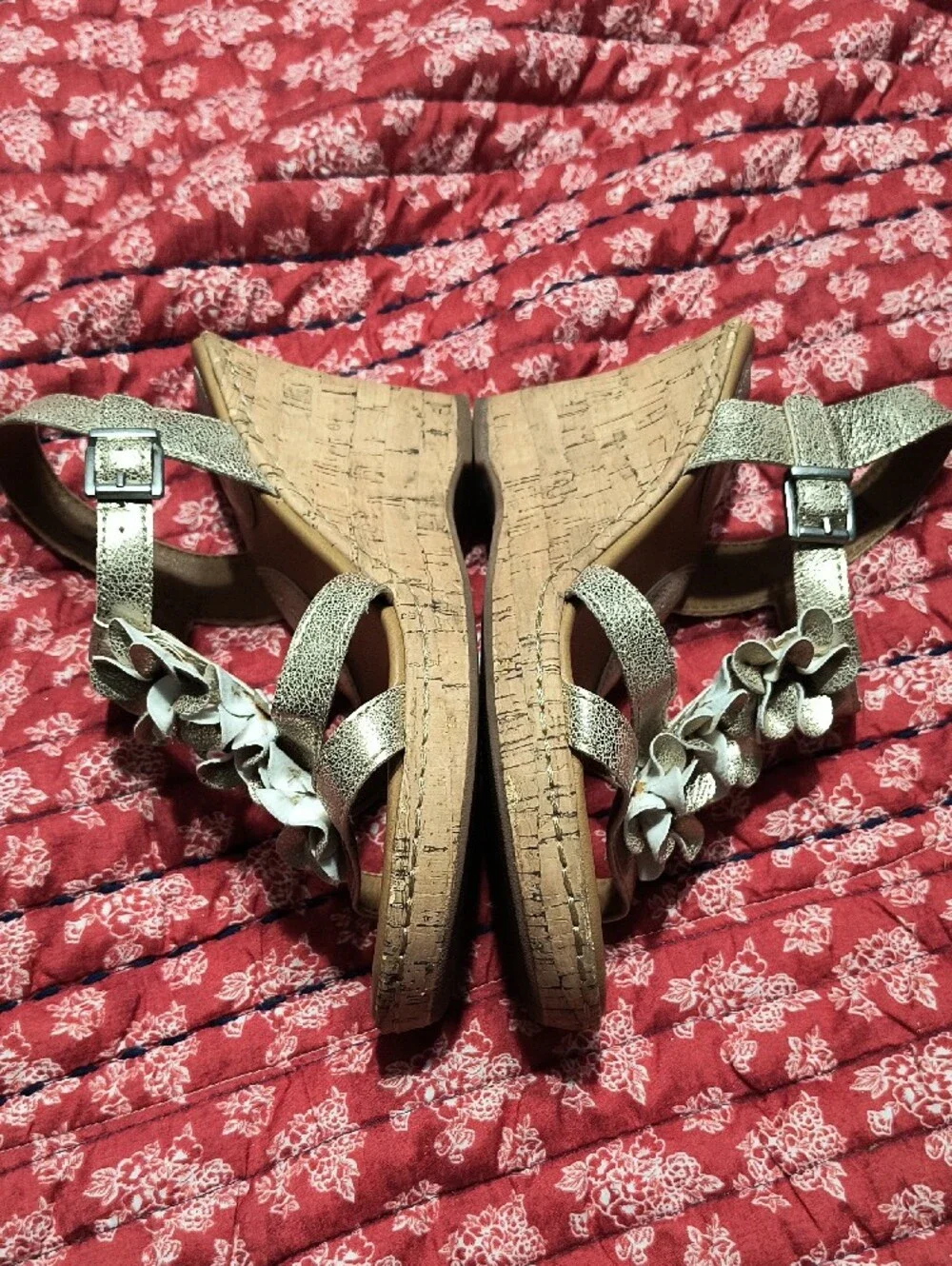 b.o.c. Metallic Gold Floral Cork Wedge Sandals